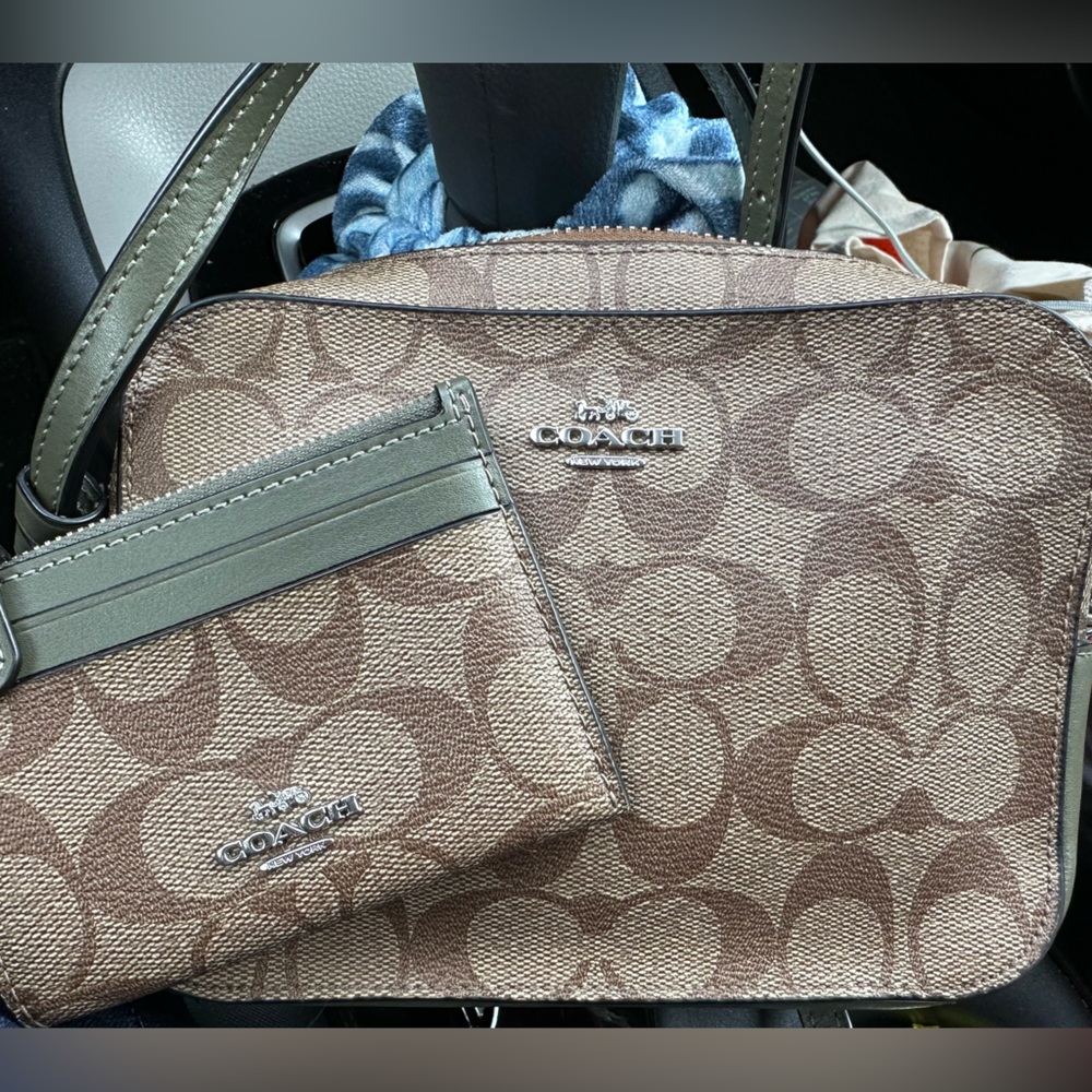 Mini coach camera bag in signature canvas color silver hardware/ slim ID wallet